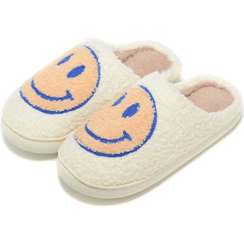 Retro Fuzzy Face Slippers for Women Men, Retro Soft Fluffy Warm Home Non-Slip Couple Style Casual Smile Face Slippers Indoor Outdoor Anti-Skid Warm Cozy Foam Slide Fuzzy Slides with Soft Memory Foam Shoes