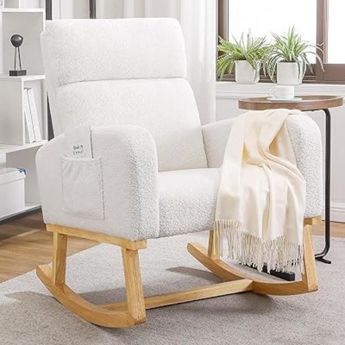 Rocking Chair Nursery - Glider Modern Accent Chairs Upholstered Teddy Fabric Nursing Rocker Padded Armchair for Indoor Living Room Bedroom White