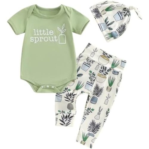 Newborn Baby Boy Girl Summer Outfit Short Sleeve Little Sprout Bodysuit Top and Plants Pants 3pcs Clothes Set