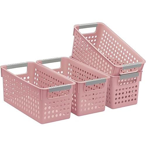 Soddeph 4 Pack Slim Plastic Storage Basket with Handles, Rectangular Storage Bins for Shelves,Narrow Organizer box for Organizing, Kitchen,Home,Office(Pink, Small)