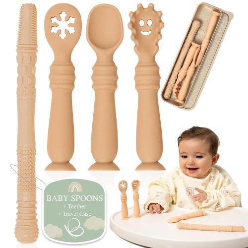 Baby Silicone Spoon Set with Teether and Case – Infant Spoons First Stage with Suction Base – Self feeding spoons for Babies 6-12 Months – Infant Feeding Essentials (Cream)