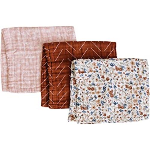 Mebie Baby Burp Cloths, Floral Print 3-Pack, Muslin Burp Cloth Set for Spit Up, Drool, and More, Boho Burp Cloths for Baby Boy and Girl, Baby Must Haves for Registry Lists and Gifts for Newborns