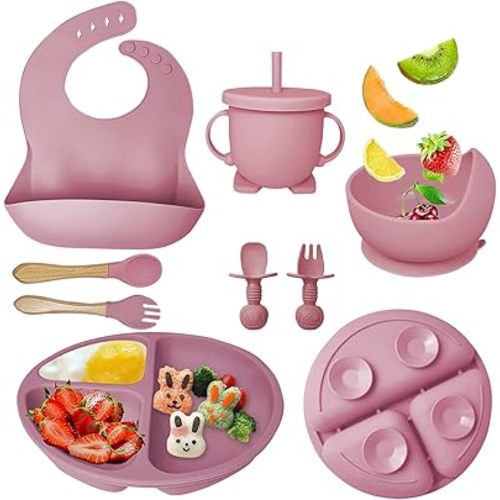 Baby Feeding Set 8 Piece | Baby Led Weaning Utensils Set Includes Suction Bowl and Plate, Baby Spoon and Fork, Sippy Cup with Straw and Lid | Baby Feeding Supplies - Dark Pink