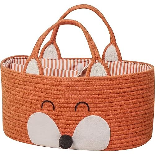 T&T Homewares Diaper Caddy Organizer, Cotton Rope Diaper Caddy Basket, Baby Shower Basket, Nursery Storage Bins, Newborn Caddie- Cat, Fox, Penguin (Orange Fox)
