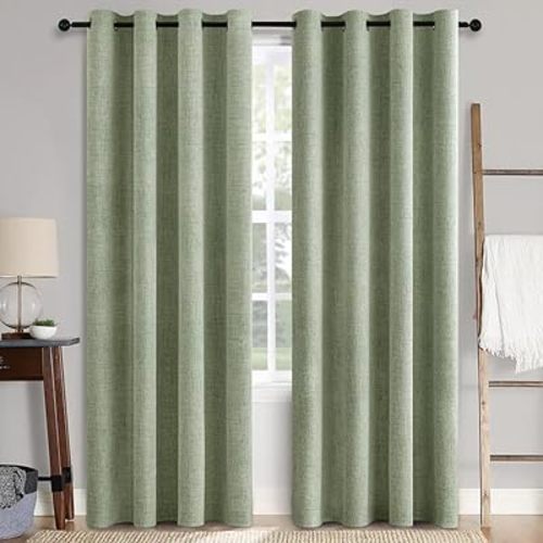 MIULEE 100% Blackout Linen Textured Curtains for Bedroom Solid Thermal Insulated Olive Green Grommet Room Darkening Curtains & Drapes Luxury Decor for Living Room Nursery 52 x 90 Inch (2 Panels) - W52xL90 - Sage Green