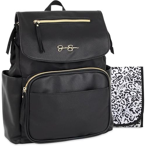 Jessica Simpson Black Vegan Leather Diaper Bag Backpack with Baby Changing Mat Pad, Stroller Strap Clips, 2 Pc. Set
