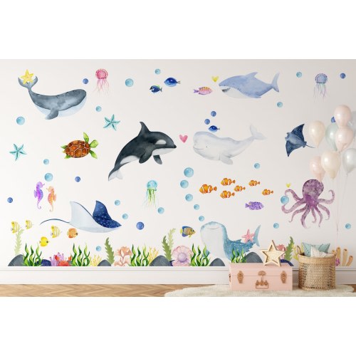 Ocean Animals Wall Decal - Nursery Undersea Wallsticker - Sea Animals Decals - Nautical Nursery Decor - Peel and Stick