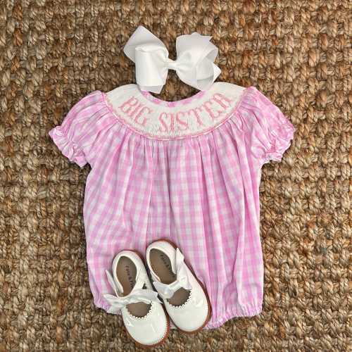 Big Sister Smocked Pink Gingham Romper, Bubble Romper, Baby Girl, Coordinating sibling sets, Heirloom 651 *F