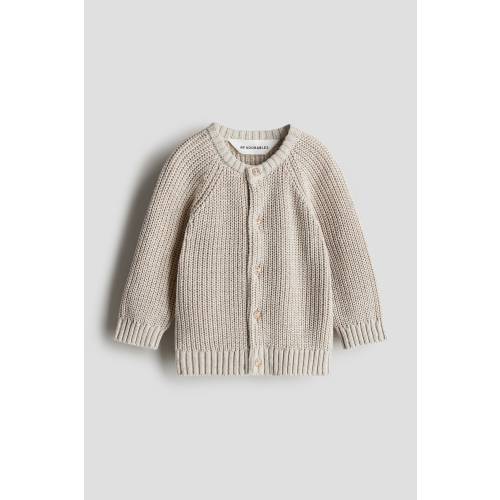 Patent-Knit Cotton Cardigan, Round Neck, Long sleeve, Gray