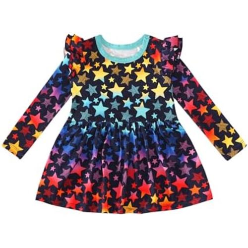 Baby Girl Bodysuit Dress- Viscose Made from Bamboo, Long Sleeve Flutter Skater Dress with Bodysuit Infant Outfit