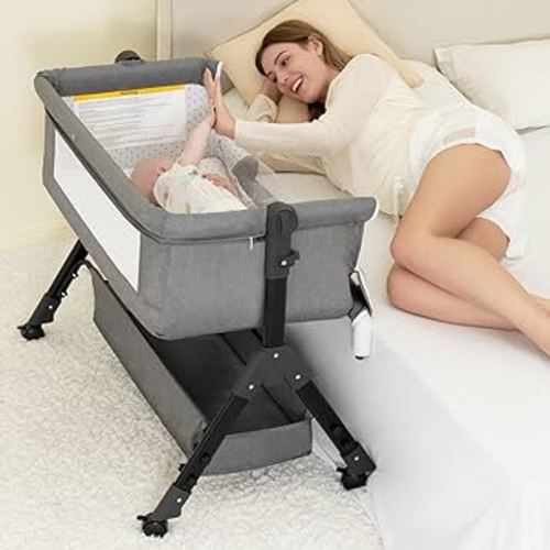 3 in 1 Baby Bassinet, Bedside Sleeper with Storage Basket and Wheels, Bedside Crib for Baby, Adjustable and Movable Baby Cradle with Mosquito Nets, Easy Folding Baby Bed (Grey)