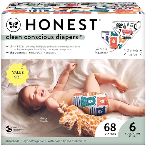 The Honest Company Clean Conscious Diapers for Sensitive Skin | Hypoallergenic, Fragrance Free | Gender Neutral Prints | Super Club Box, Size 6 (35+ lbs), 68 Count (Prints May Temporarily Vary)