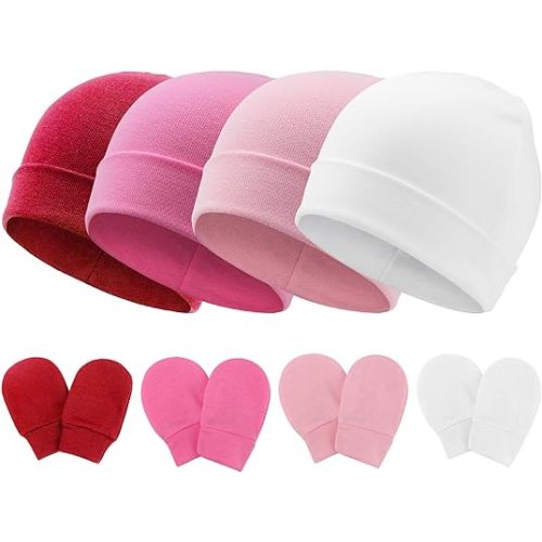 Newborn Baby Hats and Mittens Set Infant Beanie Cap Toddler Gloves Newborn Hospital Hats for Baby Boy Girl Kid 0-6 Months