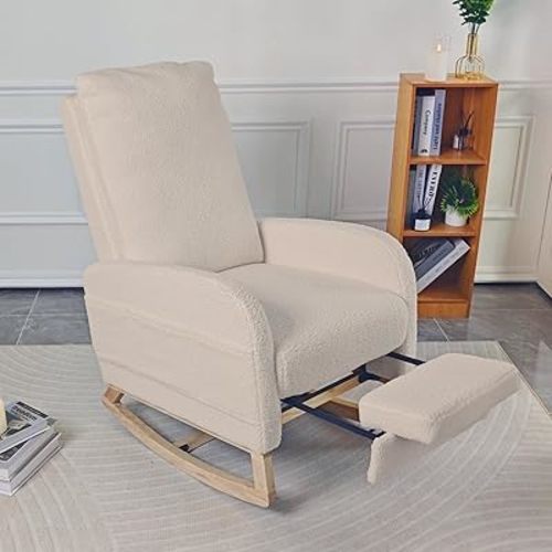 Rocking Chair Nursery with Foot Rest, Sherpa Nursing Rocking for Mom Nursery Rocker Chair with High Straight Backrest, Armchair Rocker Glider with Side Pocket for Living Room, Bedroom, Teddy Begie