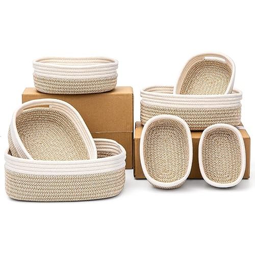 7 Piece Cotton Rope Woven Basket Set - Small Basket for Baby Nursery, Pets, Montessori, Dog & Cat Toy Boxes, Bathroom Organization Bins (White/Brown)