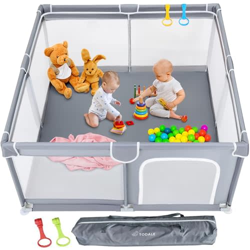 Todale 50”×50” Baby Playpen - Safe Baby Gate, Toddler, Infant & Baby Crib, Play Pen - Portable Floor Playpen for Babies and Toddlers, Anti-Slip Base & Breathable Mesh, Enclosed Baby Play Yard, Gray