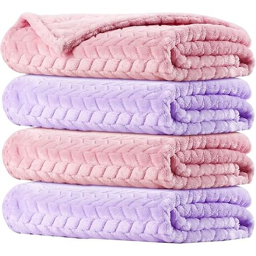Chumia 4 Pcs Baby Blanket Flannel, Cozy Throw Fuzzy Blanket for Newborn Sherpa Blanket Crib(Light Pink, Purple, 24 x 32 Inch)