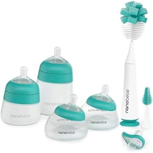 Nanobebe Baby Bottle Set Anti-Colic Baby Bottle Gift Set - Early Essentials Set with Baby Silicone Bottles, Breastmilk Bottles, Bottle Brush, Silicone Pacifiers - 5oz and 9oz - Teal