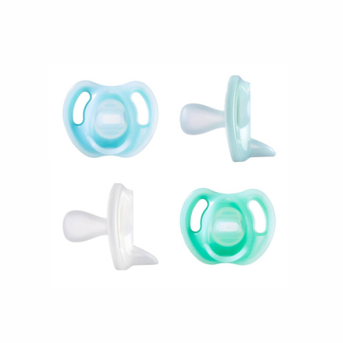 Tommee Tippee Ultra-Light Silicone Pacifier, 0-6 Months, Symmetrical One-Piece Design, BPA-Free Silicone Binkies, Blue/Green/Clear, Pack of 4