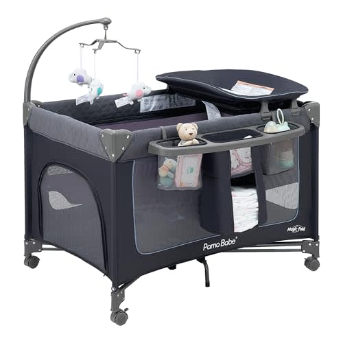 Pamo Babe Magic Fold Baby Playard, 1 Step to Set Portable Crib with Changing Table and Zipper Gate, Easy to Carry