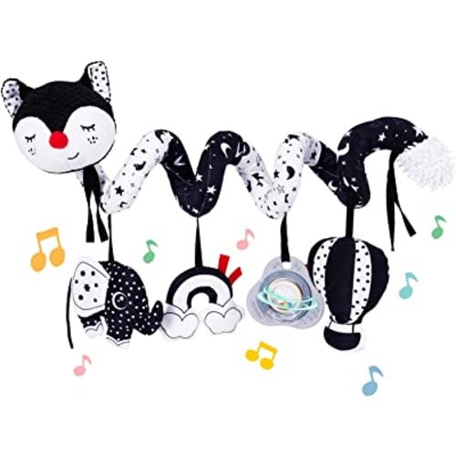 Koty Car Seat Toys, Infant Baby Spiral Plush Activity Hanging Toy for Stroller Bar Pram Crib with Music Box BB Squeaker & Rattles(Black Fox)