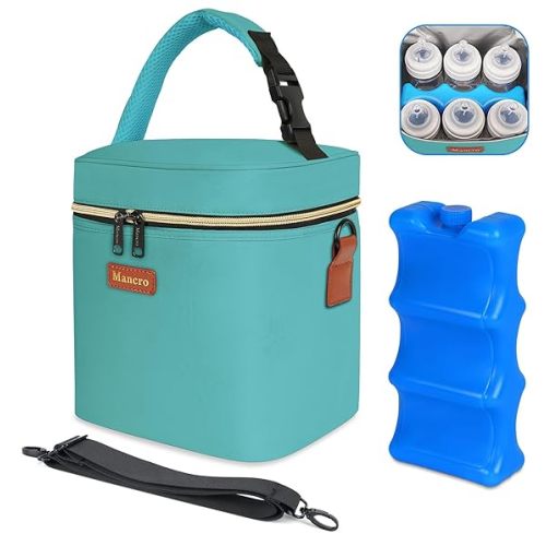 Breastmilk Cooler Bag with Ice Pack, Mancro Insulated Baby Bottle Tote Bag Fits up to 6 Bottles of up to 9 Ounces, Baby Bottle Bag for Nursing Mothers, Green
