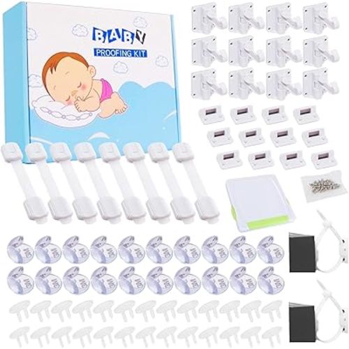 69 Packs Baby Proofing Kit including 12 Hidden Cabinet Locks, 8 Adjustable Safety Latches, 26 Outlet Covers, 20 Baby Proof Corners, 2 Anti Tip Furniture Anchors Kit and 1 Sliding Glass Door Lock