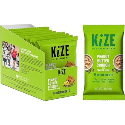 KiZE Energy Bar, Peanut Butter Crunch, 5 Ingredients, 10g Grass-Fed Whey Protein, Clean & Simple Real Food, Gluten Free, Non-GMO, Soy Free, Mission Based, High Protein Snacks (10 Count)