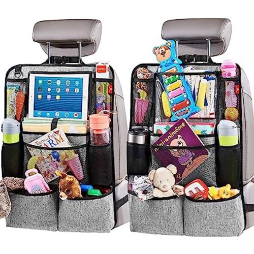 Helteko Backseat Car Organizer, Kick Mats Back Seat Protector with Touch Screen Tablet Holder, Car Back Seat Organizer for Kids, Car Travel Accessories, Kick Mat with 9 Storage Pockets 2 Pack, Gray