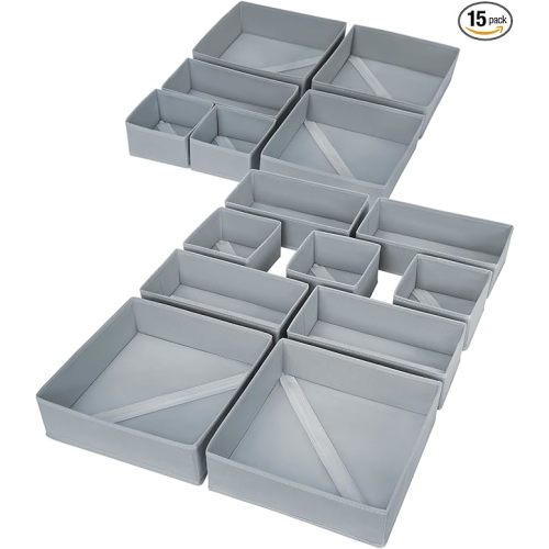 DIMJ Drawer Organizer Clothes, 15 Pack Underwear Organizer, Foldable Closet Bins, Sock Organizer Bra Cube, Fabric Dresser Box for Clothes, Bra, Socks, Tie (Grey)