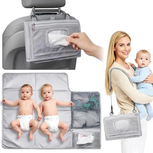 Large Portable Diaper Changing Pad - Waterproof Foldable Baby Travel Changing Mat with Storage Pockets & Wipes Bag, Lightweight, One-Hand Fold, Crossbody Strap for Parents,Infant Travel Station Kit