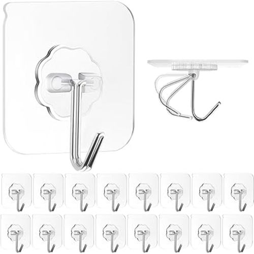ZESLMG Adhesive Wall Hooks for Hanging, 16 Pack Heavy Duty Self Sticky Hooks 22lb(Max) Stainless, Waterproof Oilproof Utility Hooks for Towel Coat Keys Bathroom Shower Kitchen Wardrobe Outdoor, Clear