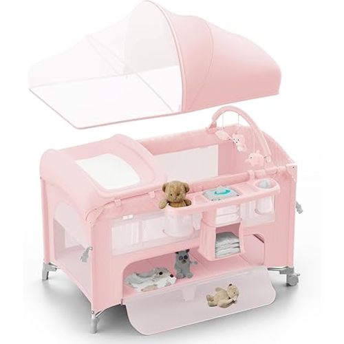 Obee Odee 4 in 1 Baby Bassinet, Pack and Play, Bedside Crib Sleeper, Diaper Changer - Comes with Mattress, Mosquito Net, Bottom Storage and Toy Bar for Newborn to Toddles