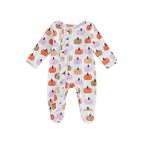 Newborn Baby Girl Boy One Piece Jumpsuit Halloween Pumpkin Print Long Sleeve 2 Way Zipper Footies Pajamas Sleepers Fall Romper