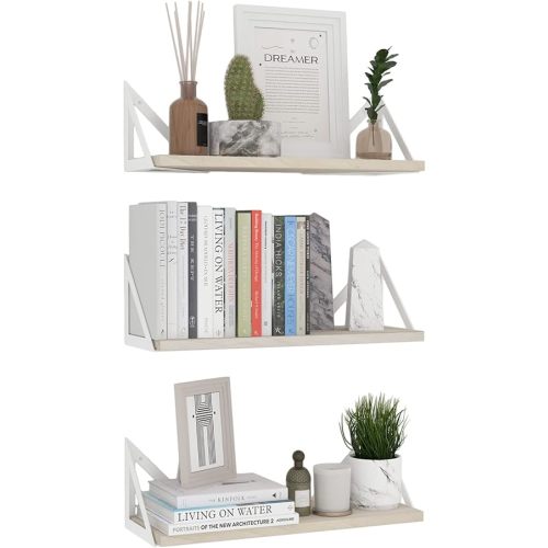 Wallniture Minori Floating Shelves for Wall Storage, Floating Bookshelf Set of 3, Bathroom and Kitchen Organizer Natural Wood Wall Shelves with White Brackets