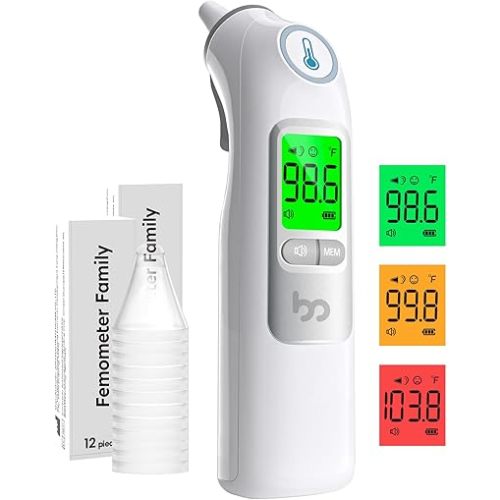Ear Thermometer, Highly Accurate Ear Thermometer for Kids, Adults and Babies, 30 Memory Recall, 1s Result and 3-Color Fever Alert, with 24 Disposable Probe Covers, Gray