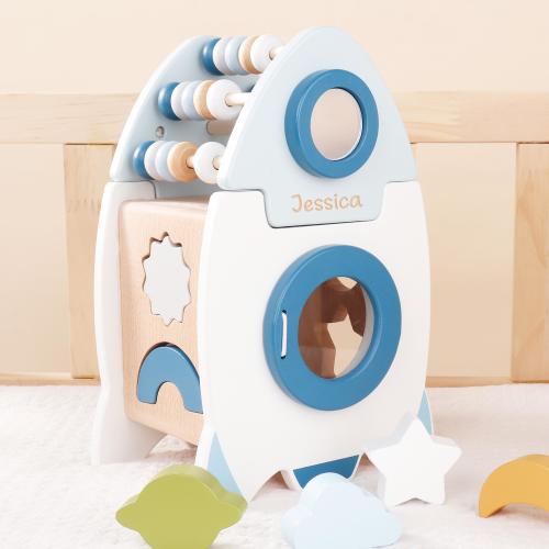 Personalized Wooden Spaceship Rocket Activity Cube,Wooden Educational Toy,Toddler Busy Cube,Travel Toy,Baby Gift,Sort and Stack Toys