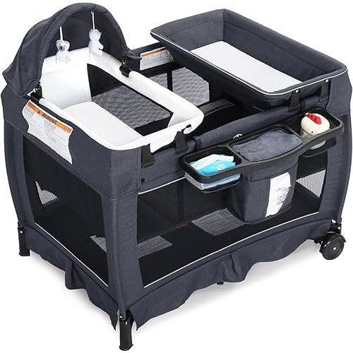 TODEFULL 4 in 1 Multifunctional Pack and Play, Foldable Baby Playards with Changing Table & Breathable Mesh, Baby Playpen for Babies and Toddlers, Grey