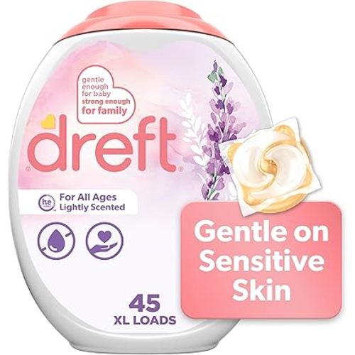 Dreft Laundry Detergent XL Pacs, Light Scent, Lavender, 45 Count