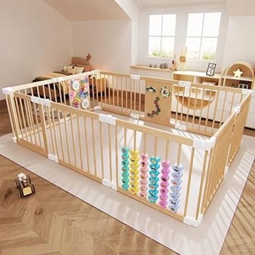 Baby Playpen - Adjustable Multi-Shape Wooden Play Yard, Portable Collapsible Activity Center with Baby Fence Play Area & Toys for Infants, Toddlers (56x84x24inch)