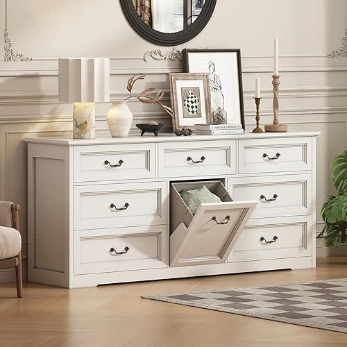 63" Wide Farmhouse 7-Drawer Dresser with 2 Laundry Hamper for Bedroom,Chest of Drawers, White Finish, Vintage Black Handles, Living Room Storage Cabinet,White