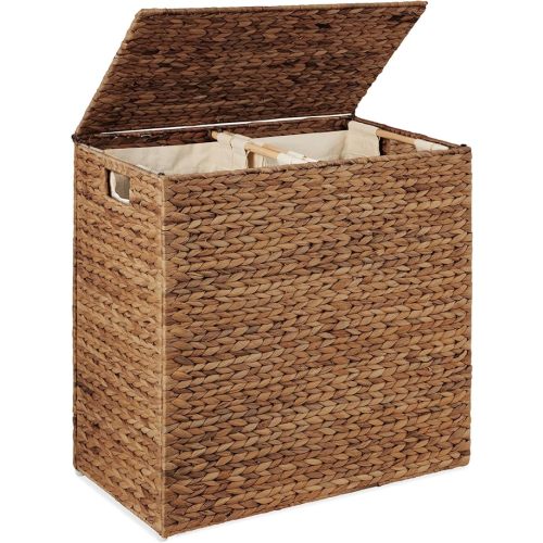 Best Choice Products Large Double Laundry Hamper with Lid, Natural Handwoven Water Hyacinth, 2 Sections w/ 2 Machine Washable Linen Liner Bags, Portable, Handles - Chestnut