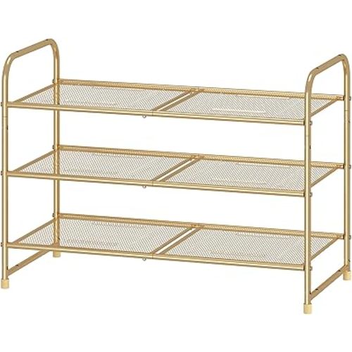 Simple Trending 3-Tier Stackable Shoe Rack, Expandable & Adjustable Shoe Shelf Storage Organizer, Metal Mesh, Gold