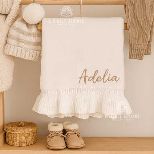 Personalized Embroidered Cotton Knit Baby Blanket - Ruffled Edge
