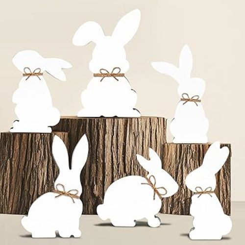 6 Pcs Easter Bunny Table Wooden Signs,Bunny Shaped Farmhouse Decor with Rope,Spring Bunny Wood Tabletop Easter Decorations for Indoor Farmhouse Party Home Office Gift