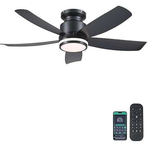 Modern Ceiling Fans with Lights and Remote/APP Control, 41 inch Flush Mount Ceiling Fan with Ring Lights, LED 3 CCT Dimmable 5 Reversible Curved Blades 6 Speeds for Bedroom Living Room, Black