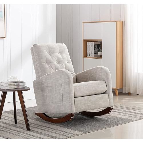 Modern Accent Rocking Chair, Upholstered Nursery Glider Rocker for Baby and Kids, Comfy Armchair with Side Pocket, Living Room Lounge Arm Chair, High Backrest with Decorative Buttons, Light Grey