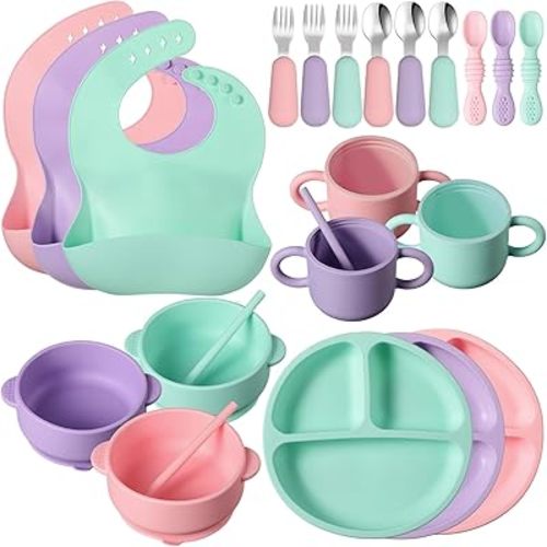 24 Pack Silicone Baby Feeding Set Baby LED Weaning Supplies Includes Suction Divided Plates Soft Bowl Spoons Forks Adjustable Bib Snack Cup and Straws(Pink, Purple, Mint Green)