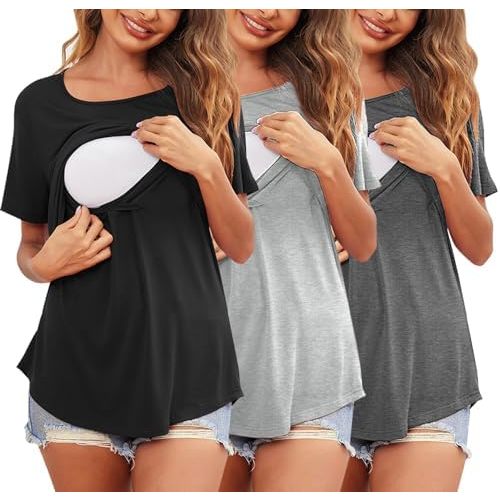 Ekouaer Women's Maternity Shirts Short Sleeves Nursing Tops 3 Pack Double Laye Breastfeeding Tees Pregnancy Clothes S-XXL
