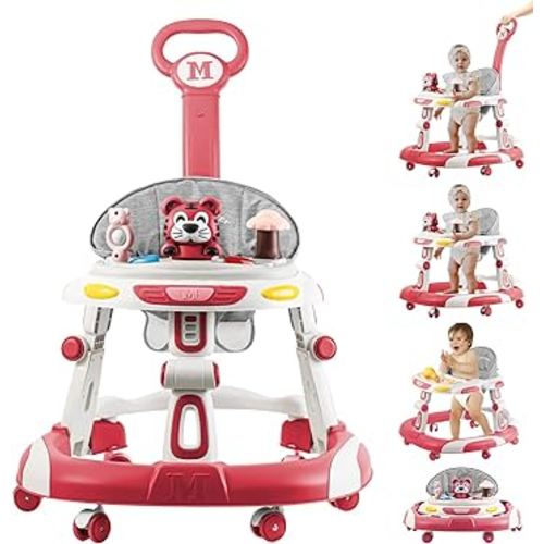 Baby Walker, 4-in-1 Foldable Baby Walkers and Baby Activity Center with Toys Tray,3-Gear Height Adjustable Infant Toddler Baby Walker with Wheels for Baby Boys and Girls 6-24 Months(Pink)